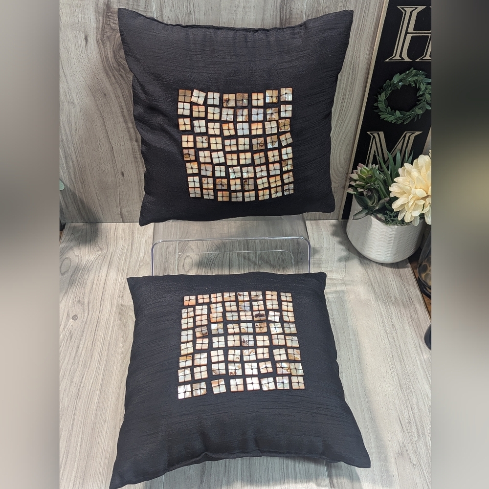 Beachy Capiz Shell Decor Pillows (2) Small Black Silky Vintage SEARS